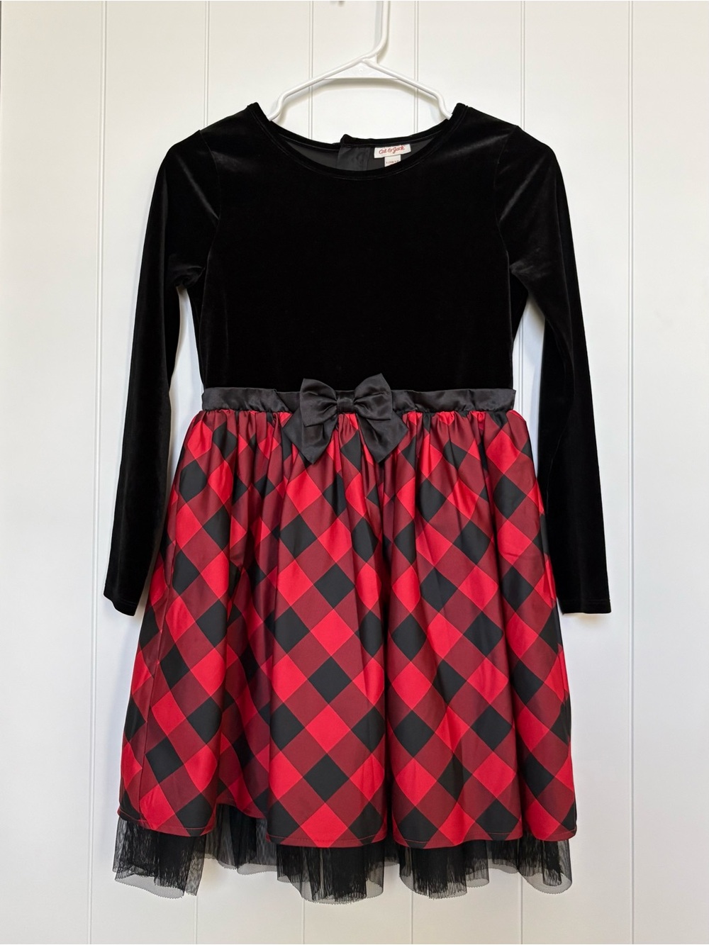 Cat & Jack Black Velvet Top with Red & Black Buffalo Plaid Skirt Dress